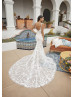 Ivory Lace Glitter Tulle Open Back Modern Wedding Dress